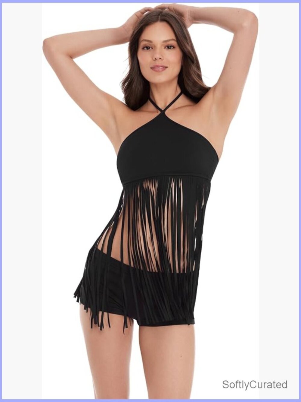 High Neck Fringe Bikini Top with Adjustable Halter Gold Hook Closure